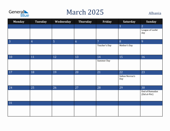 March 2025 Albania Calendar (Monday Start)