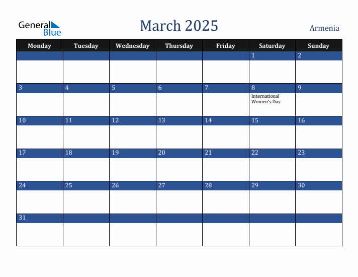 March 2025 Armenia Calendar (Monday Start)