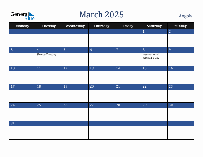 March 2025 Angola Calendar (Monday Start)