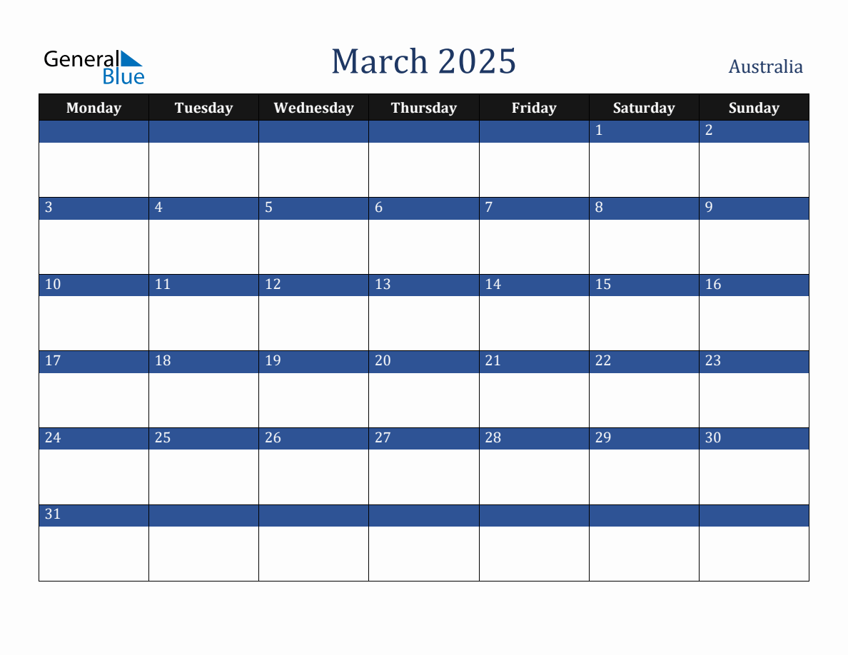 March 2025 Australia Holiday Calendar