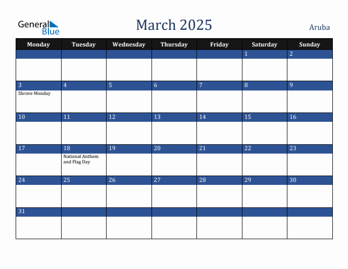 March 2025 Aruba Monthly Calendar with Holidays