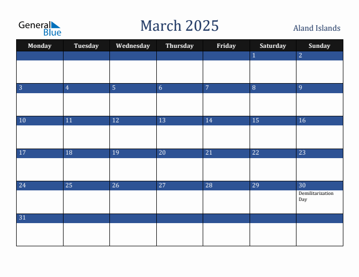 March 2025 Aland Islands Calendar (Monday Start)