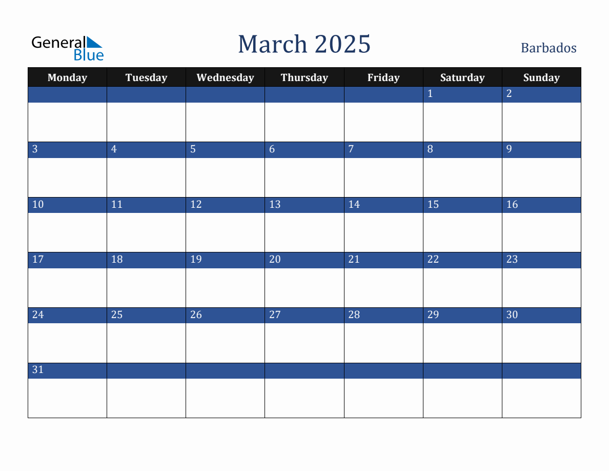 March 2025 Barbados Holiday Calendar