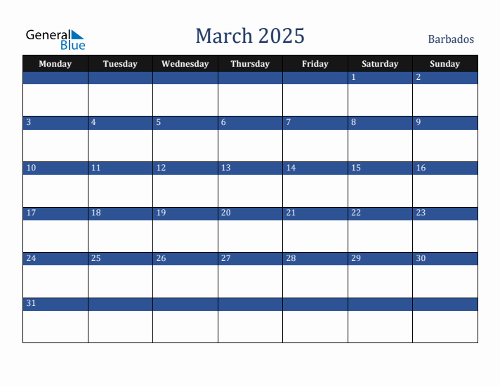 March 2025 Barbados Calendar (Monday Start)