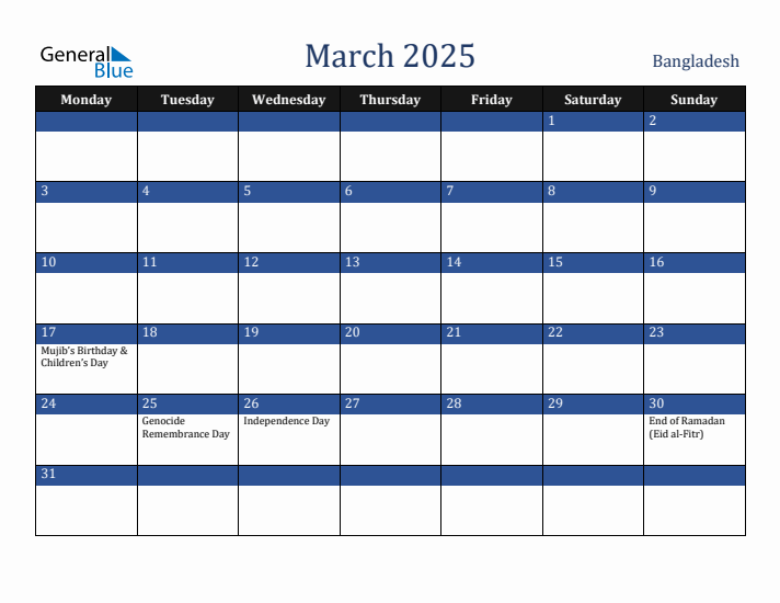 March 2025 Bangladesh Calendar (Monday Start)