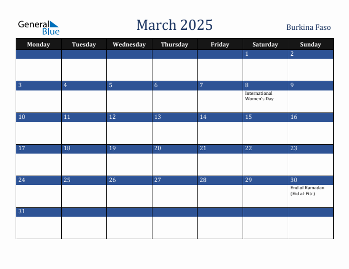 March 2025 Burkina Faso Calendar (Monday Start)