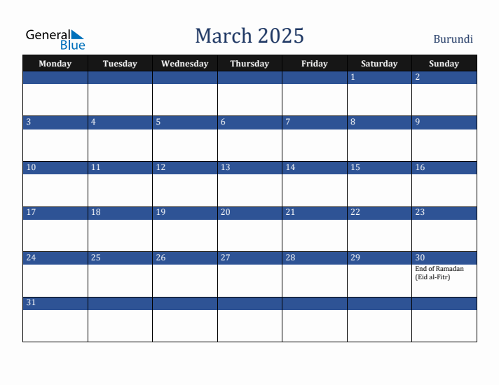 March 2025 Burundi Calendar (Monday Start)