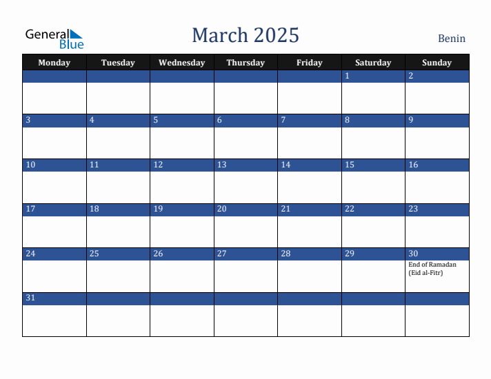 March 2025 Benin Calendar (Monday Start)