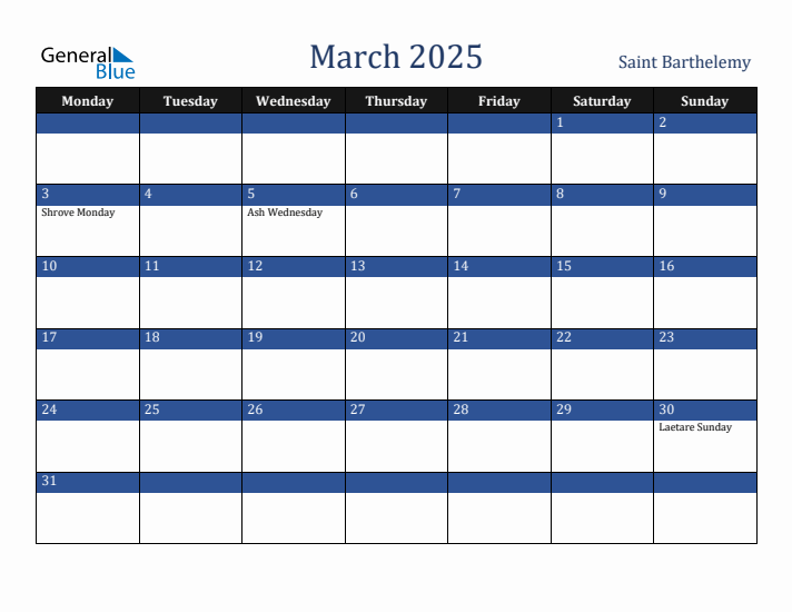 March 2025 Saint Barthelemy Calendar (Monday Start)