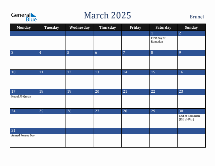March 2025 Brunei Calendar (Monday Start)