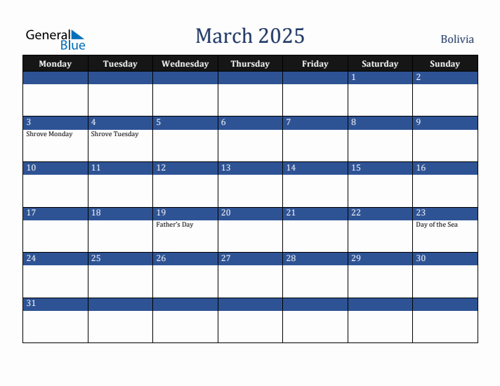 March 2025 Bolivia Calendar (Monday Start)
