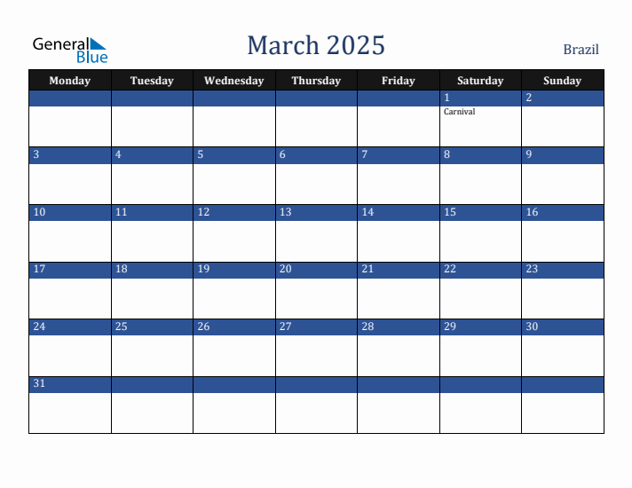 March 2025 Brazil Calendar (Monday Start)