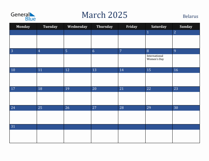 March 2025 Belarus Calendar (Monday Start)