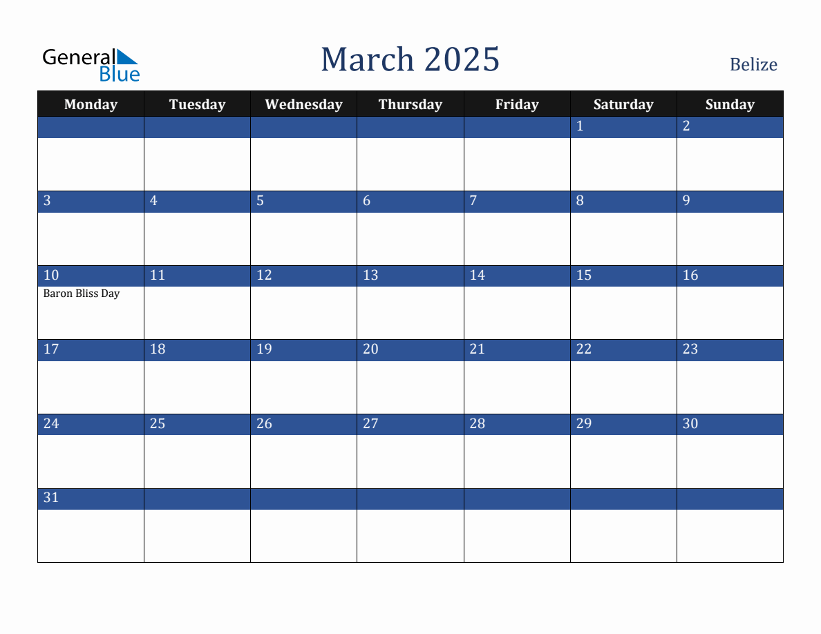 March 2025 Belize Holiday Calendar