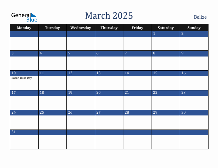 March 2025 Belize Calendar (Monday Start)