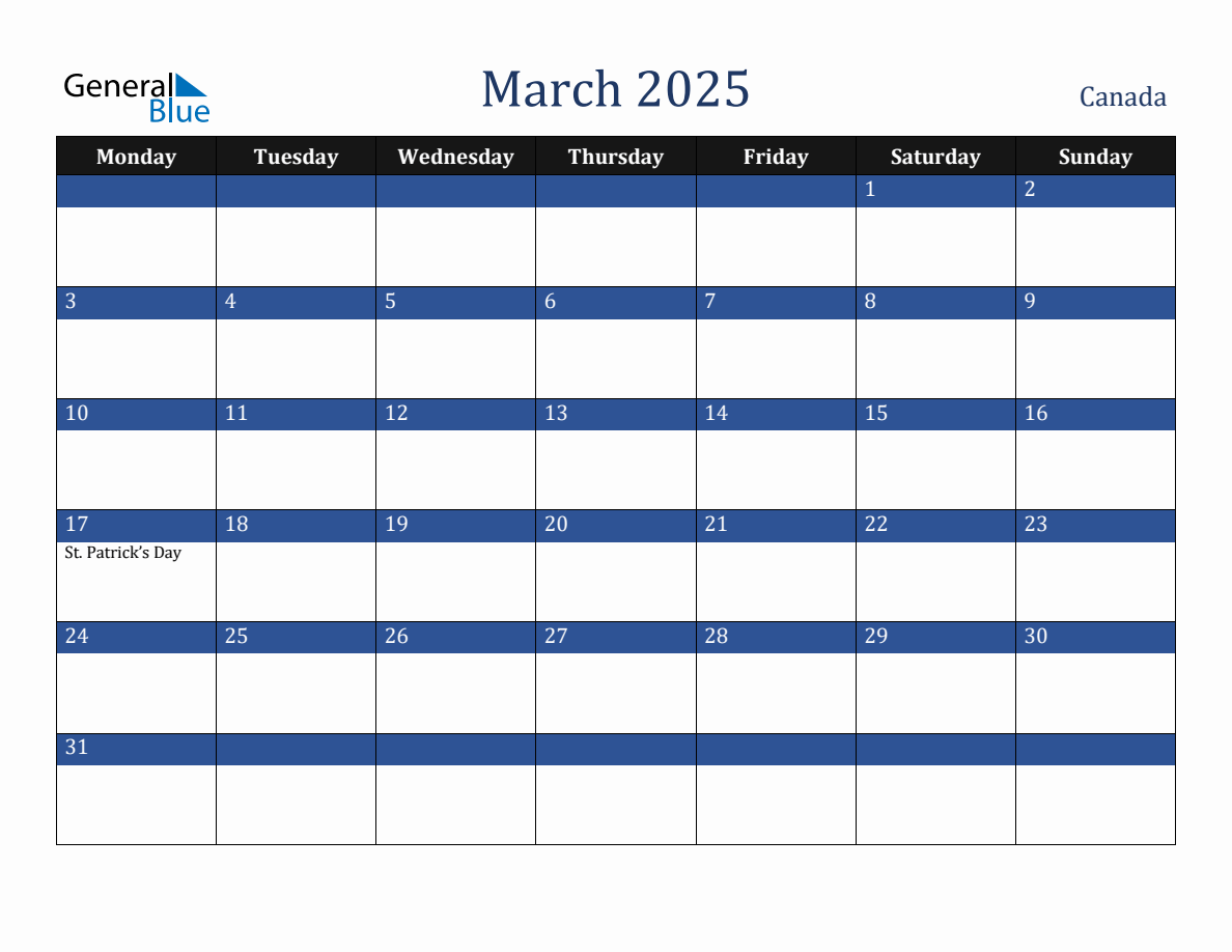 March 2025 Canada Holiday Calendar