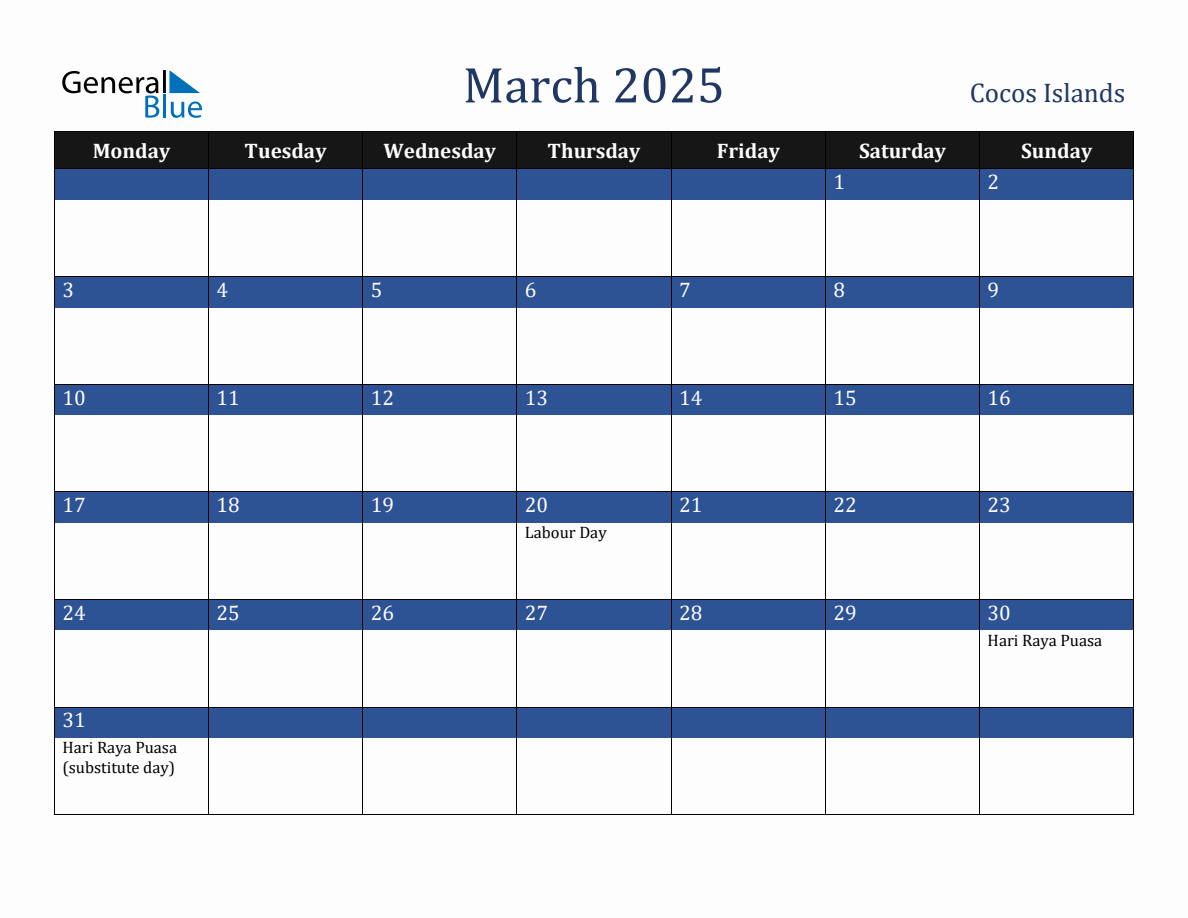 March 2025 Cocos Islands Holiday Calendar