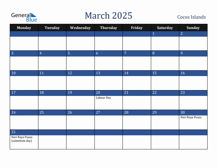 March 2025 Cocos Islands Calendar (Monday Start)