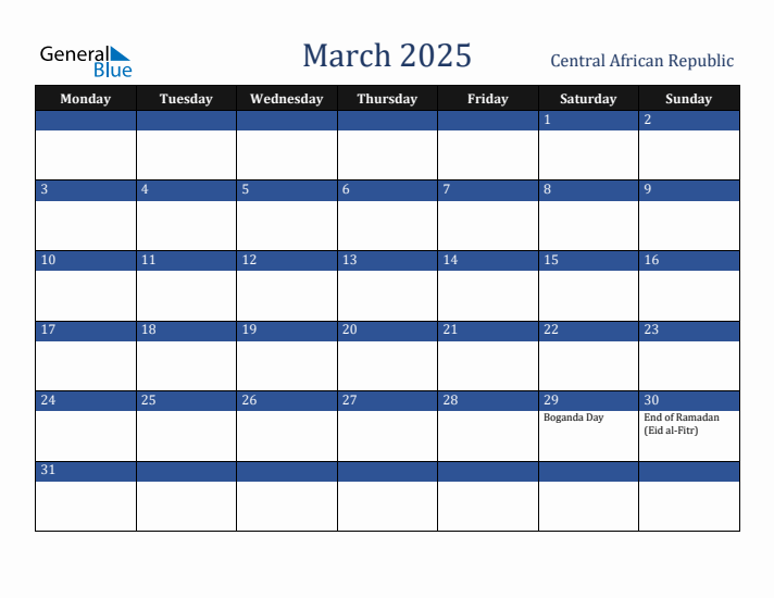 March 2025 Central African Republic Calendar (Monday Start)
