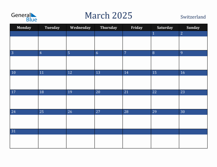 March 2025 Switzerland Calendar (Monday Start)