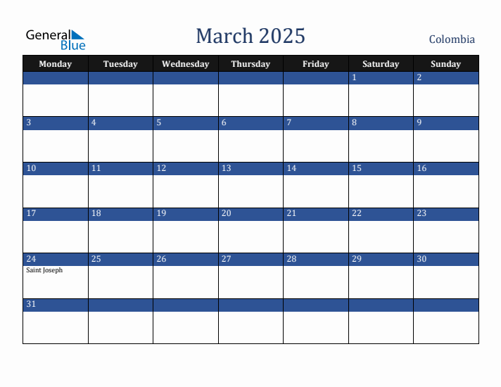 March 2025 Colombia Calendar (Monday Start)