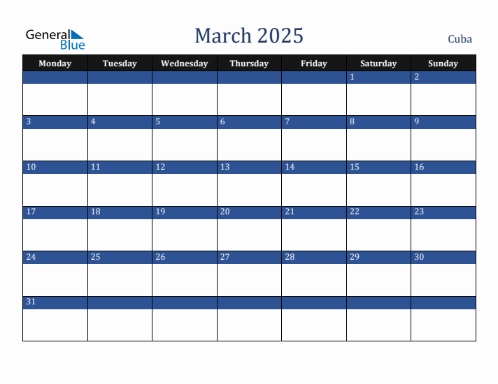 March 2025 Cuba Calendar (Monday Start)