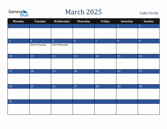 March 2025 Cabo Verde Calendar (Monday Start)