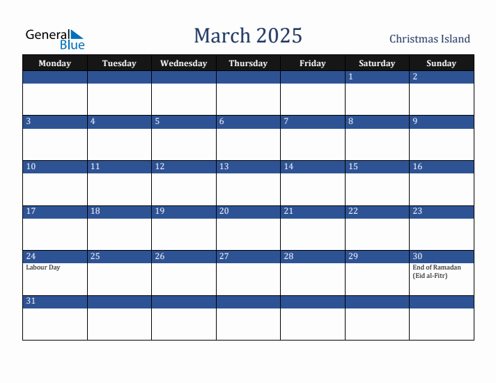 March 2025 Christmas Island Calendar (Monday Start)