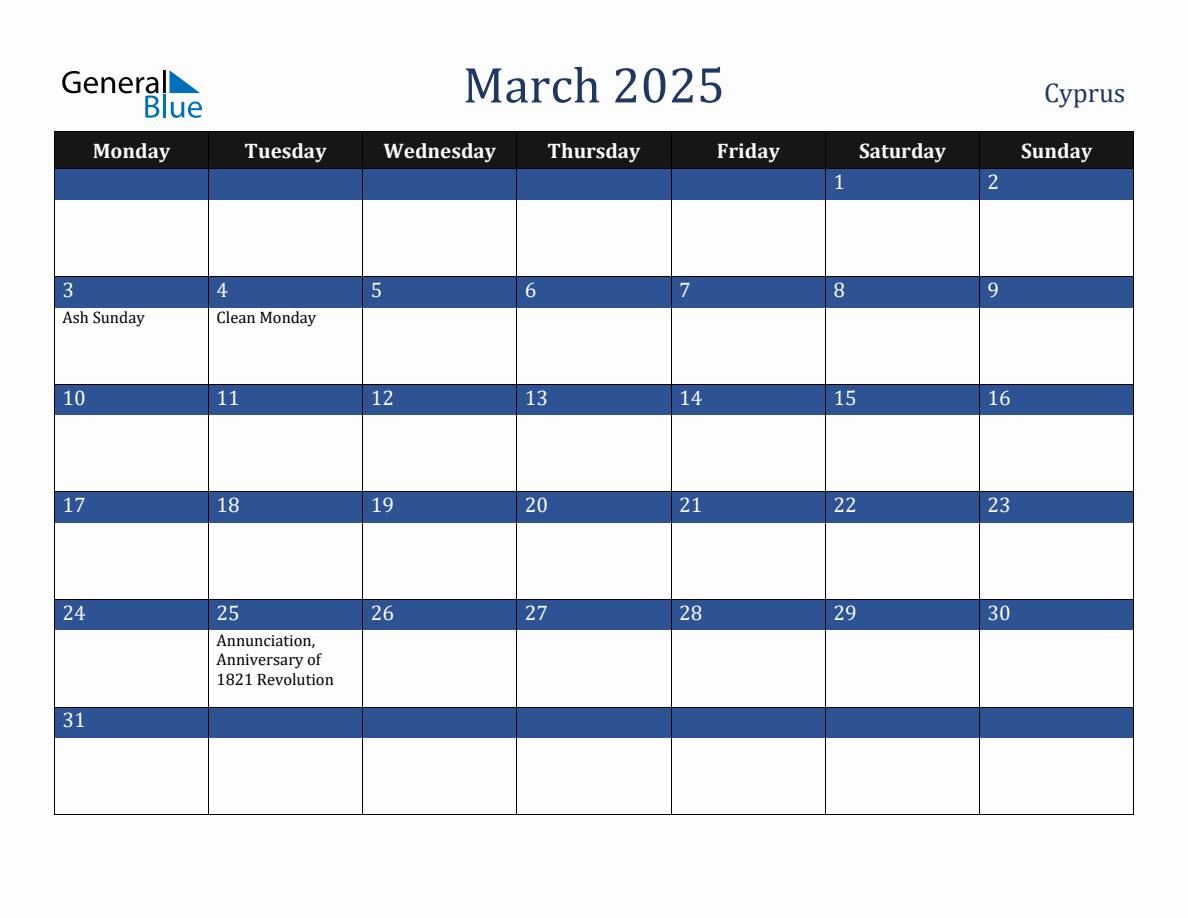 March 2025 Cyprus Holiday Calendar