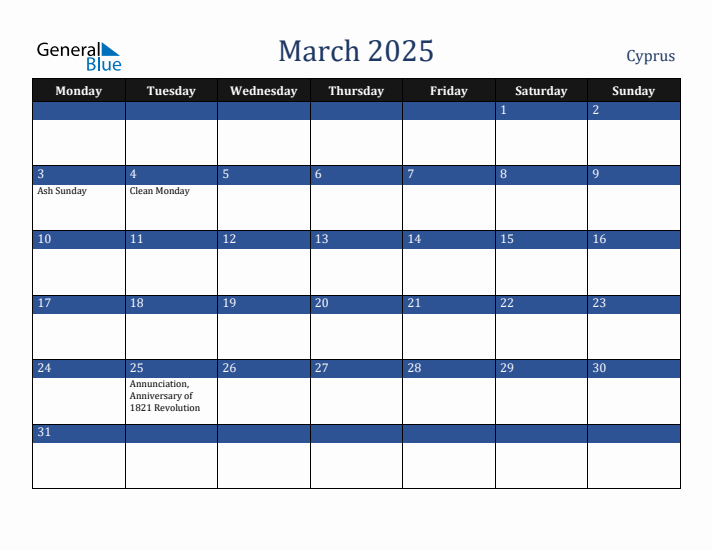 March 2025 Cyprus Calendar (Monday Start)