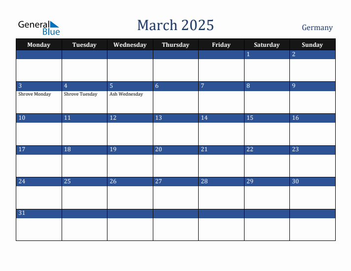 March 2025 Germany Calendar (Monday Start)
