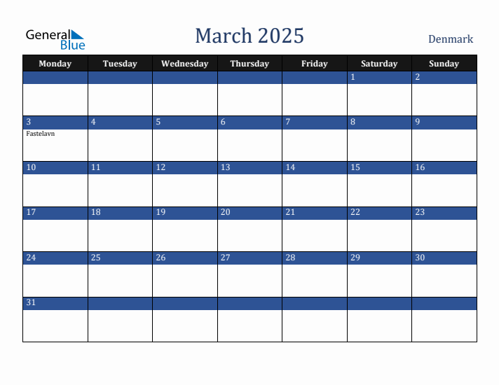 March 2025 Denmark Calendar (Monday Start)