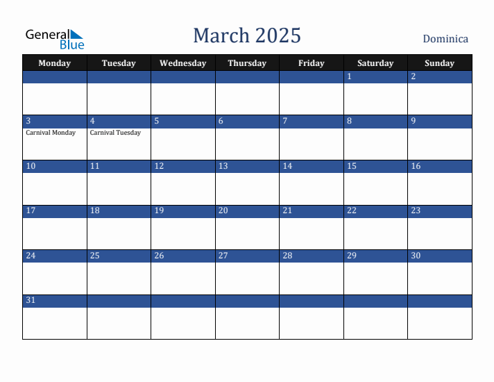 March 2025 Dominica Calendar (Monday Start)