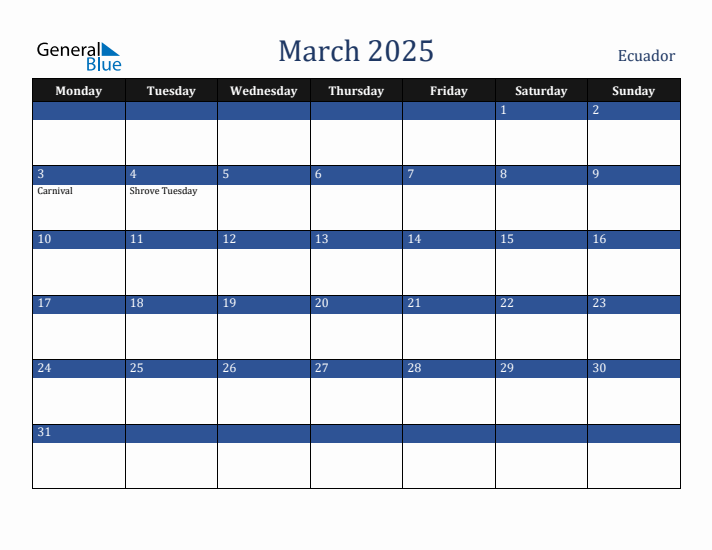 March 2025 Ecuador Calendar (Monday Start)