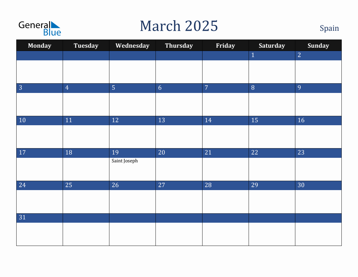 March 2025 Spain Holiday Calendar