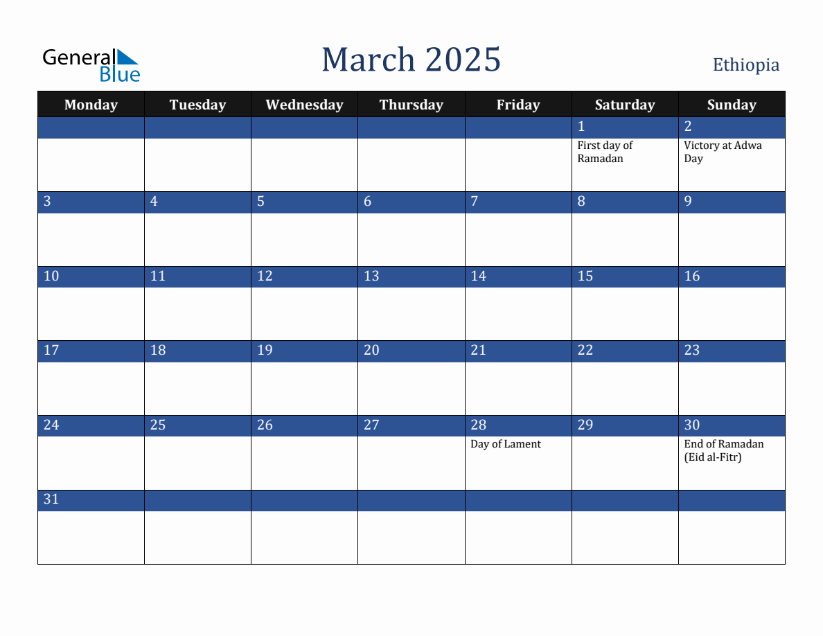 March 2025 Ethiopia Holiday Calendar