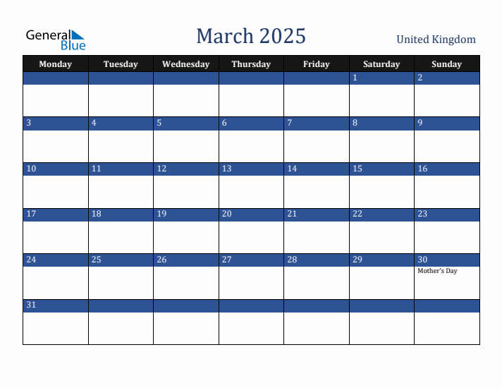 March 2025 United Kingdom Calendar (Monday Start)