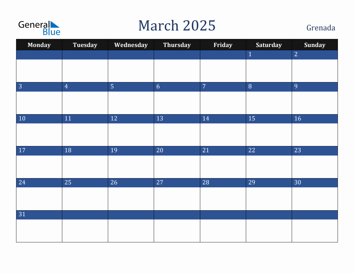 March 2025 Grenada Holiday Calendar