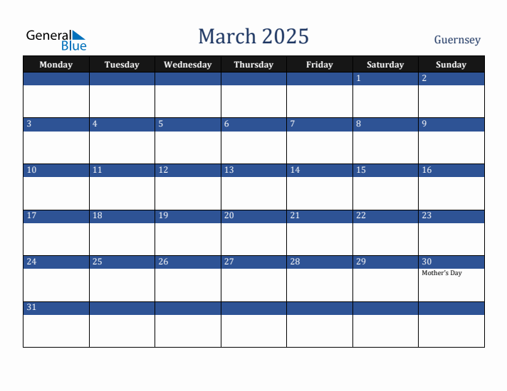 March 2025 Guernsey Calendar (Monday Start)