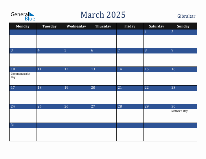 March 2025 Gibraltar Calendar (Monday Start)