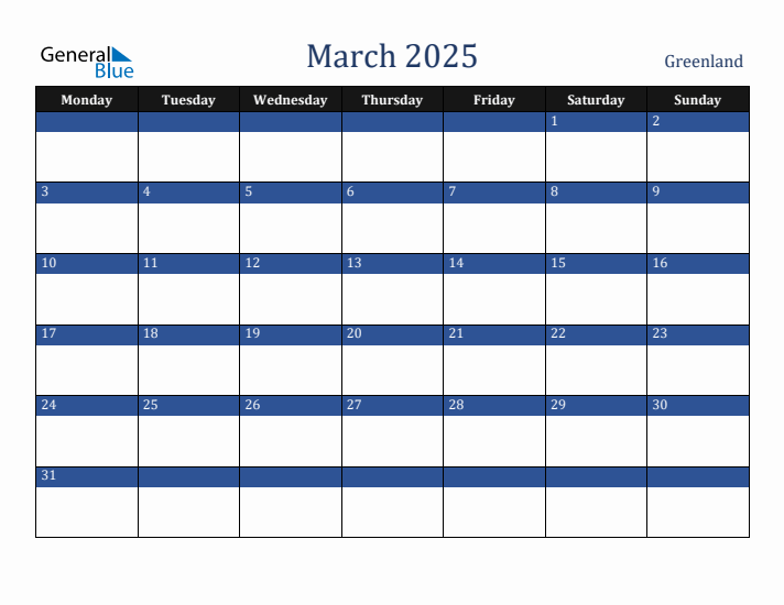 March 2025 Greenland Calendar (Monday Start)