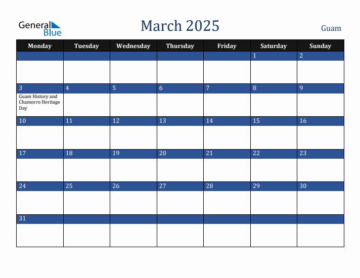 March 2025 Guam Calendar (Monday Start)