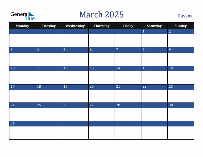 March 2025 Guyana Calendar (Monday Start)