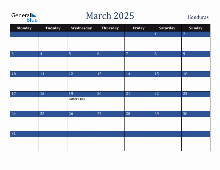 March 2025 Honduras Calendar (Monday Start)