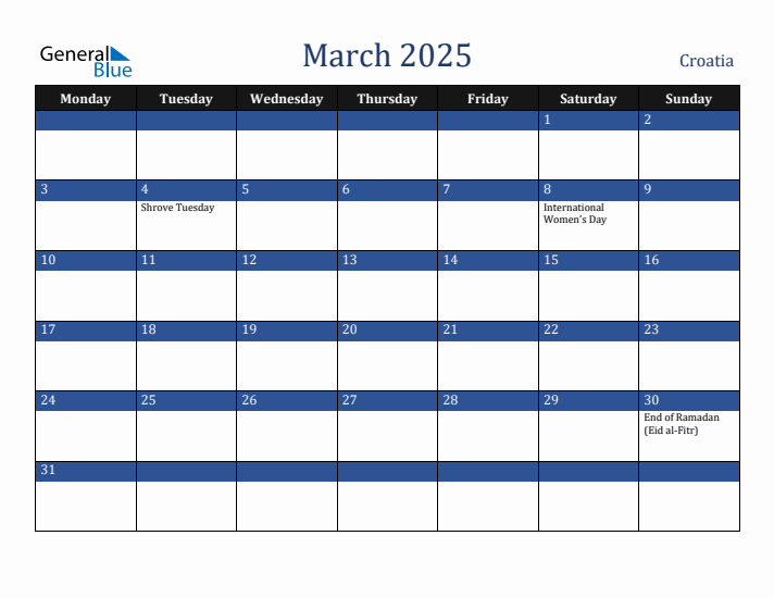 March 2025 Croatia Calendar (Monday Start)