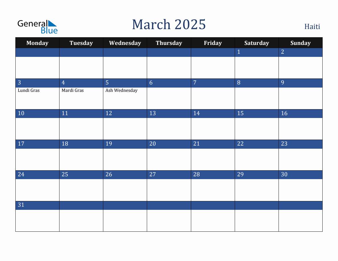 March 2025 Haiti Holiday Calendar