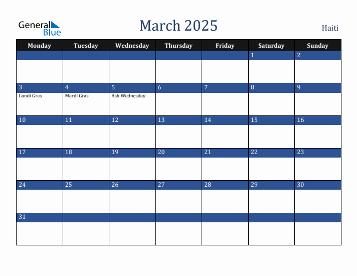March 2025 Haiti Calendar (Monday Start)