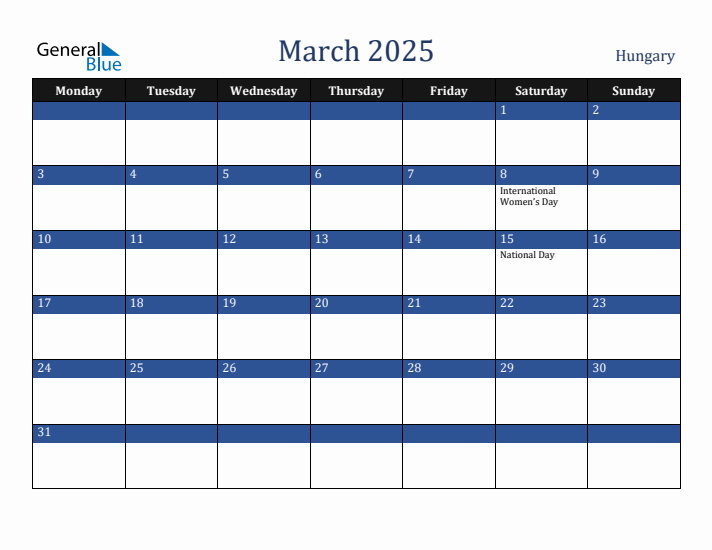 March 2025 Hungary Calendar (Monday Start)