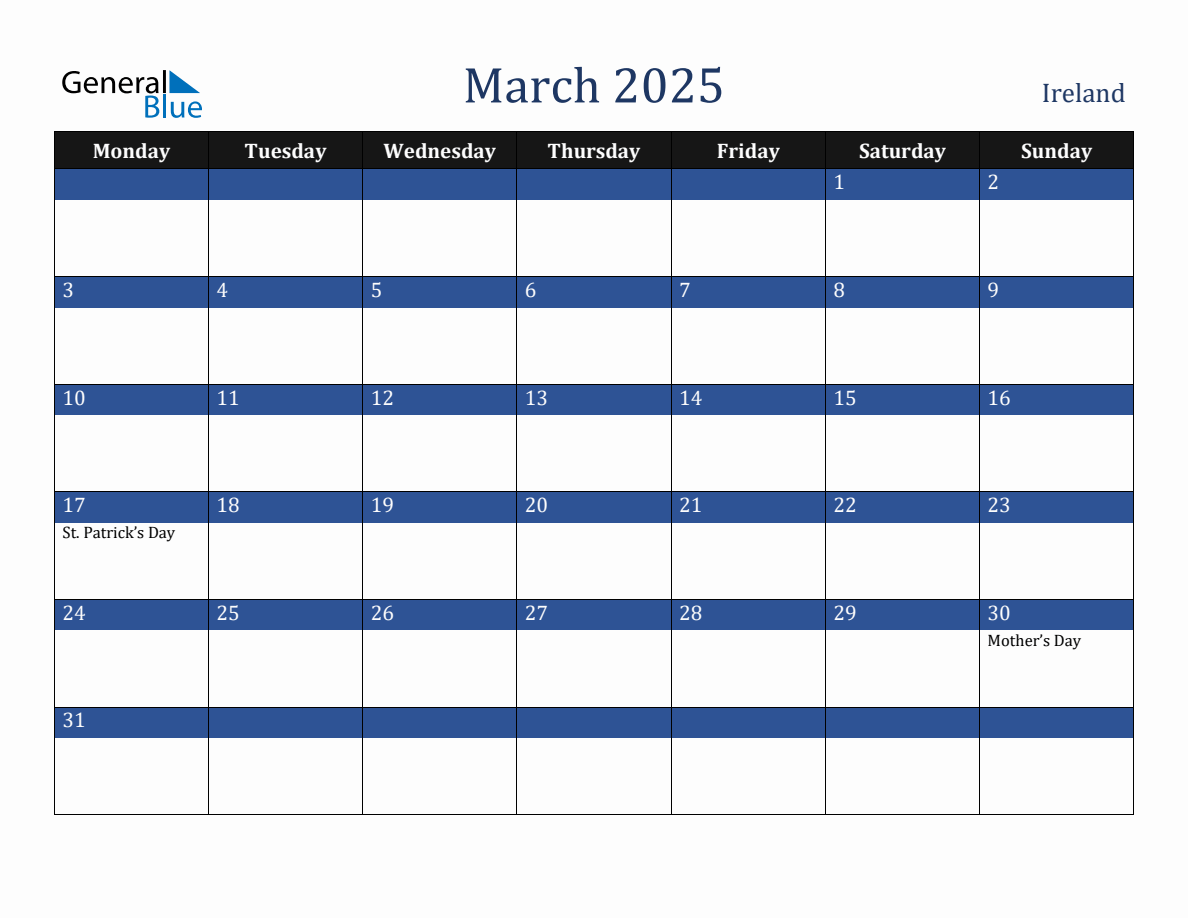 March 2025 Ireland Holiday Calendar