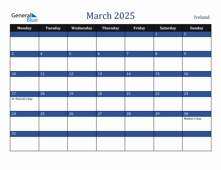 March 2025 Ireland Calendar (Monday Start)